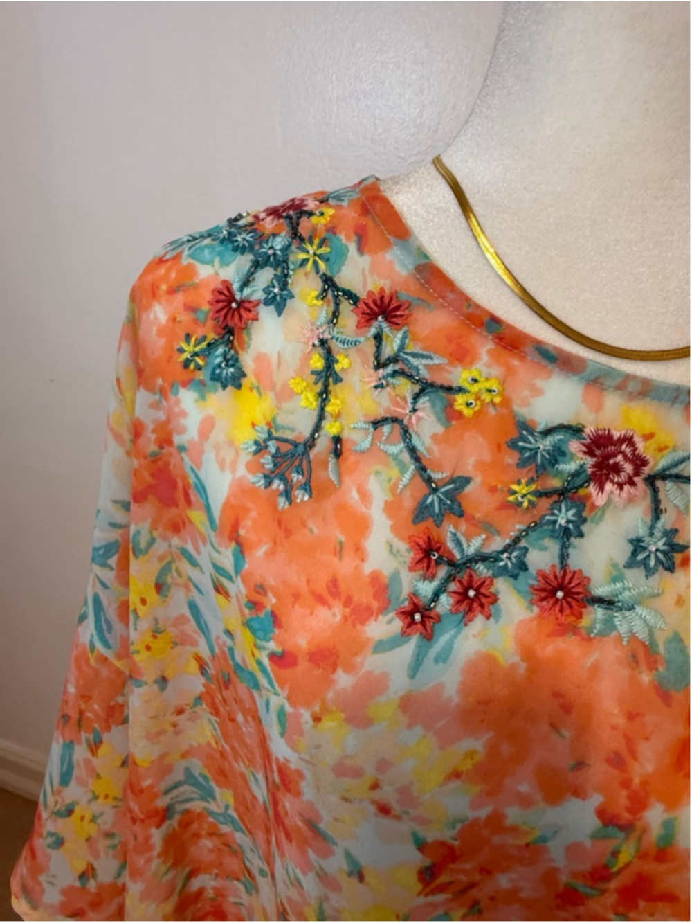 Jason Wu Floral Embroidered Blouse L Orange Yellow, beaded, dolman, flowy - Picture 2 of 9